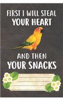 First I Will Steal Your Heart And Then Your Snacks Notebook Journal: 110 Blank Lined Paper Pages 6x9 Personalized Customized Notebook Journal Gift For Sun Conure Parrot Bird Owners and Lovers