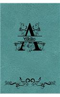 Split Letter Personalized Name Journal - Akiko: Elegant Flourish Capital Letter on Light Teal Leather Look Background