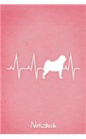 Notizbuch: Rosanes kariertes Mops Herzschlag Hunde Notizheft ca DIN A5 weiß kariert 110 Seiten