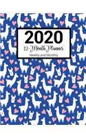 2020 12-Month Planner Weekly and Monthly: Blue Alapaca Pattern With Daily Goals and Meal Planner