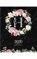 2020 Diary Planner: Dark 8x10 Planner Watercolor Flowers Monogram Letter "H" on Black Marble