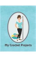 My Crochet Projects: Modern Brunette Crochet Lady on Blue Background, Glossy Finish