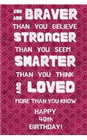 You Are Braver Than You Believe Stronger Than You Seem Smarter Than You Think And Loved More Than You Know Happy 40th Birthday