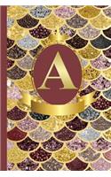 Letter A Notebook: Initial A Monogram Blank Lined Notebook Journal Rose Pink Gold Mermaid Scales Design Cover