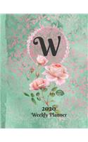 Plan On It Large Print 2020 Weekly Calendar Planner 15 Months Notebook Includes Address Phone Number Pages - Monogram Letter W: January 2020 through March 2021: Green and Pink Damask Lace with Roses on Glossy Cover