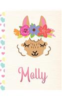 Molly: Personalized Llama Journal For Girls - 8.5x11 110 Pages Notebook/Diary With Pink Name