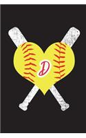 D Monogram Initial Softball Journal: Softball Blank Journal, 6x9 Lined Blank Notebook, 150 Pages, Journal to Write in for Journaling, Notes, or Inspirational Quotes, Paperback Compositi