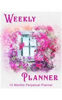 Weekly Planner: 12 Month Perpetual Planner - Undated Weekly Planner - 2 pages per week - Contacts - Passwords - Notes - Pink Window