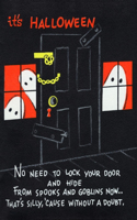 Halloween ghosts flank padlocked door - Halloween Greeting Card