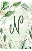 Notebook 6"x9" - Letter N - Green Gold Floral Design: College-ruled, lined format exercise book with flowers, alphabet letters, initials series.