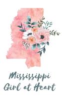 Mississippi Girl at Heart: Pink Watercolor State Outline with Pretty Flowers Detail Blank Lined Journal