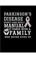 Parkinson's Disease Doesn't Come With a Manual It Comes With a Family Who Never Gives Up: Parkinson's Disease Awareness Notebook 8.5 x11 Softcover 100 College Ruled Page Notebook For Parkinson's Disease