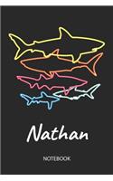 Nathan - Notebook: Blank Lined Personalized & Customized Name 80s Neon Retro Shark Notebook Journal for Men & Boys. Funny Sharks Desk Accessories Item for 1st Grade / 