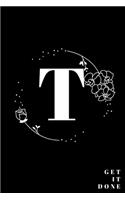 Simple Black Initial Letter T Notebook with Rose Floral Journal for Women, Girls Birthday Gift and School