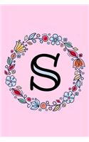 S: Letter S Monogrammed Initial Notebook - Pink, Blue & Red Floral Doodle Wreath Monogram Blank Lined Note Book, Writing Pad, Journal or Diary with Lin