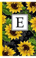 E: Floral Letter E Monogram Personalized Journal, Black & Yellow Sunflower Pattern Monogrammed Notebook, Lined 6x9 Inch College Ruled 120 Page Perfect 