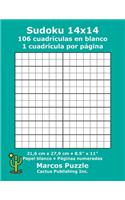 Sudoku 14x14 - 106 cuadrículas en blanco: 1 cuadrícula por página; 21,6 x 27,9 cm; 8,5" x 11"; Papel blanco; Números de página; Number Place; Nanpure; 14 x 14 Plantilla de Puzle