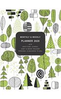 Monthly & Weekly Planner 2020: with GRATITUDE JOURNAL, HABIT & MOOD TRACKER, PERSONAL & BUSINESS TO-DOs - Modern Cover Design of Hand Drawn Green Trees