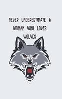 Never Underestimate A Woman Who Loves Wolves: Blank Lined Animal Notebook Journal & Planner - Cool Wolf Lover Notebook Gift for women