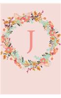 J: A Pink Floral Wreath Monogram Sketchbook - 110 Sketchbook Pages (6 x 9) - Floral Watercolor Monogram Sketch Notebook - Personalized Initial Letter J