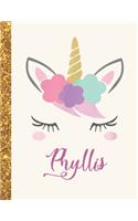 Phyllis: Phyllis Unicorn Personalized Black Paper SketchBook for Girls and Kids to Drawing and Sketching Doodle Taking Note Marble Size 8.5 x 11