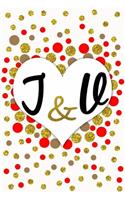 J and V Personalized Monogrammed notebook journal gift with Two Initials for Couples and lovers on valentine's day, wedding anniversary and special occasions with beautiful golden glitter red and confetti cover