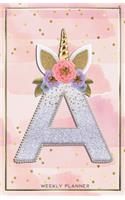 Unicorn Monogram Undated Weekly a5 Planner Letter A with pink and gold confetti, Vertical Planner week at a glance, Personalized planner for Moms, Women, Girls, Kids, and school