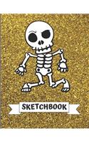 Sketchbook: Cute Halloween Skeleton Bones With Gold Glitter Effect Background, Large Blank Sketch Book For Girls and Boys of All Ages. Perfect For Drawing, Dood