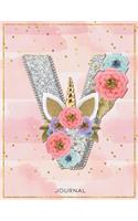 Unicorn Monogram Lined Journal Notebook - Cute Unicorn Personalized Journal Diary with Lined Pages for girls and women for writing goals, quotes, and daily tasks - Letter V