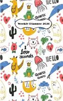 Weekly Planner 2020: Calendar Planner with 12 Months and 53 weeks for Organizer Agenda Schedule Notebook Journal and Business with Doodle Animals and Words Cover Theme