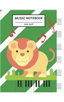 Music Notebook Wide Staff: Happy Lion on Grass Field, Piano Keyboard, Green White Line Style/Blank Music Sheet Notebook, Big Staff Paper, Music Manuscript Paper,6 Large Staves