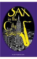 Notebook: Sax in the City. Saxophone with staves above the skyline. Format A5, 120 pages fine light grey lined. Notebook, ideas book, diary for music enthusia