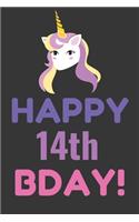 Happy 14th Bday! Notebook: Lined Journal, 120 Pages, 6 x 9, Pink Unicorn Bday Gift Journal, Black Matte Finish