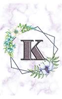 K: Personalized Dot Grid Bullet BUJO Notebook Journal Modern white Marble Floral Silver Initial Monogram Letter K- Many Usage Handy Travel Size For Wom