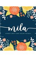 Mila: Notebook Libreta Cahier Taccuino Notizbuch: 110 pages paginas seiten pagine: Modern Florals First Name Notebook in Orange, Mint & Yellow on Navy ACH