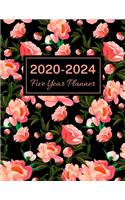 2020-2024 Five Year Planner: Pink Rose, 60 Months Calendar, 5 Year Monthly Appointment Notebook, Agenda Schedule Organizer Logbook With Holidays and Inspirational Quotes