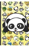 RV Travel and Camping Log Journal and Companion Guide: Panda Cartoon on Cover with Zebras Whales Dogs Frogs Cows Sloths Penguins Raccoons Sheep Goats and Turtles on Yellow Background.