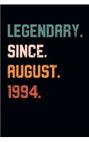 Blank Lined Journal, Notebook, Diary, Planner - Legendary Since August 1994 - 25th Birthday Gift For 25 Years Old Men and Women born in August