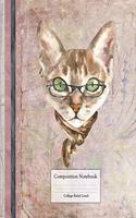 Composition Book - College Ruled LIned: Cute Cat with Glasses and Vintage Background