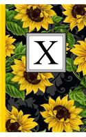 X: Floral Letter X Monogram Personalized Journal, Black & Yellow Sunflower Pattern Monogrammed Notebook, Lined 6x9 Inch College Ruled 120 Page Perfect 