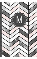 M: Stylish Chevron Letter M Monogram, Pink Grey & White Marble Journal 6x9 Inch Blank Lined College Ruled Notebook 120 Page Perfect Bound Glossy Soft C
