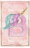 Unicorn Monogram Undated Weekly a5 Planner Letter B with pink and gold confetti, Vertical Planner week at a glance, Personalized planner for Moms, Women, Girls, Kids, and school