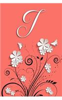 I: Letter I Journal, Flowers and Butterflies on Coral, Personalized Notebook Monogram Initial, 6 X 9