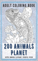 200 Animals Planet - Adult Coloring Book - Hippo, Baboon, Elephant, Scorpio, other