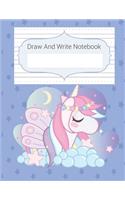 Draw And Write Notebook: Blue Stars & Unicorn Story Paper Notebook For Kids, Story Space & Dotted Mid-Line Notebook, Black & White Blank Handwriting & Sketch Notebook For Pr