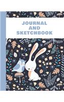 Journal and Sketchbook: Half Blank Half Lined Paper Notebook - Whimsical Bunny and Owl Friends Woodland Forest Cover Design in Blue