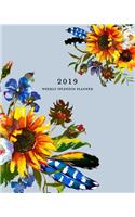 2019 Weekly Splendid Planner: French Blue Boho Feathers & Sunflower Weekly Dated Agenda Diary Book, 12 Months, January - December 2019