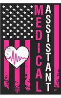 Medical Assistant: Blank Journal With Dotted Grid Paper - American Flag In Pink And Heratbeat Line