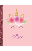 Alice: Alice Marble Size Unicorn SketchBook Personalized White Paper for Girls and Kids to Drawing and Sketching Doodle Taking Note Size 8.5 x 11