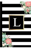 L: Black and White Stripes & Flowers, Floral Personal Letter L Monogram, Customized Initial Journal, Monogrammed Notebook, Lined 6x9 Inch College Ruled
